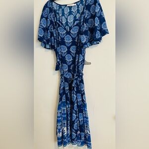 Johnny Was Beautiful bold blue flowy dress or cover up. Flutter sleeves.